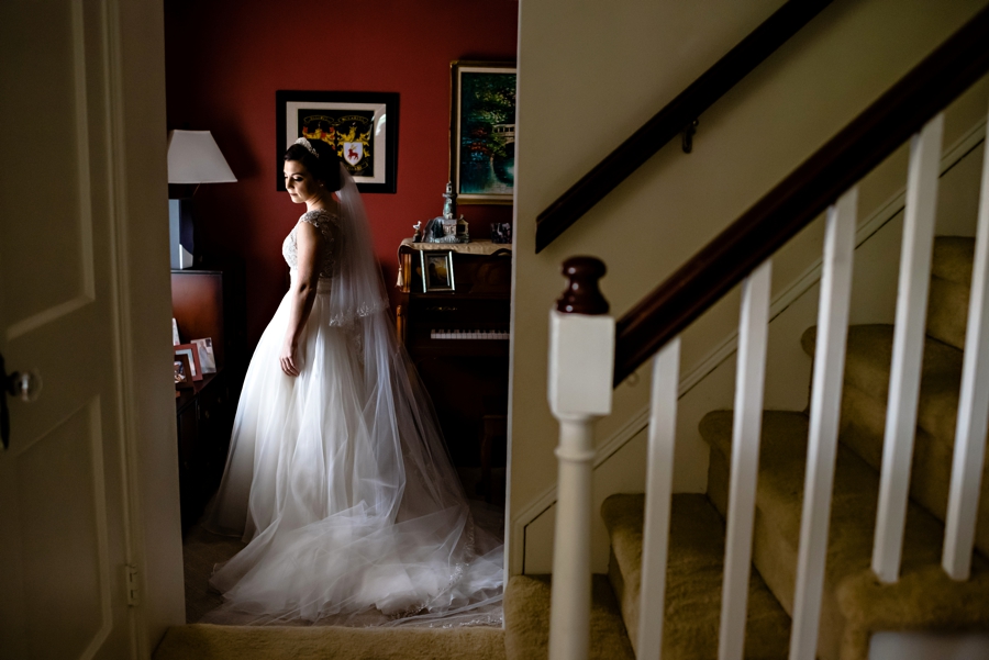 A portrait of a bride in her childhood home.
